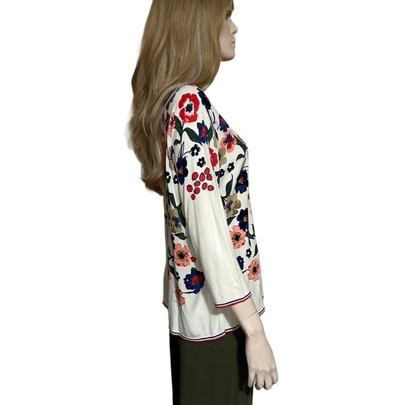 Talbots Sweater Vivid Floral Print Bracelet length Sleeve Boat neck Pullover - Picture 5 of 13